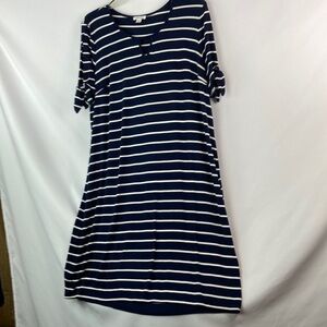 Westport navy blue and white striped knot cold shoulder shirt sleeve dress 1X